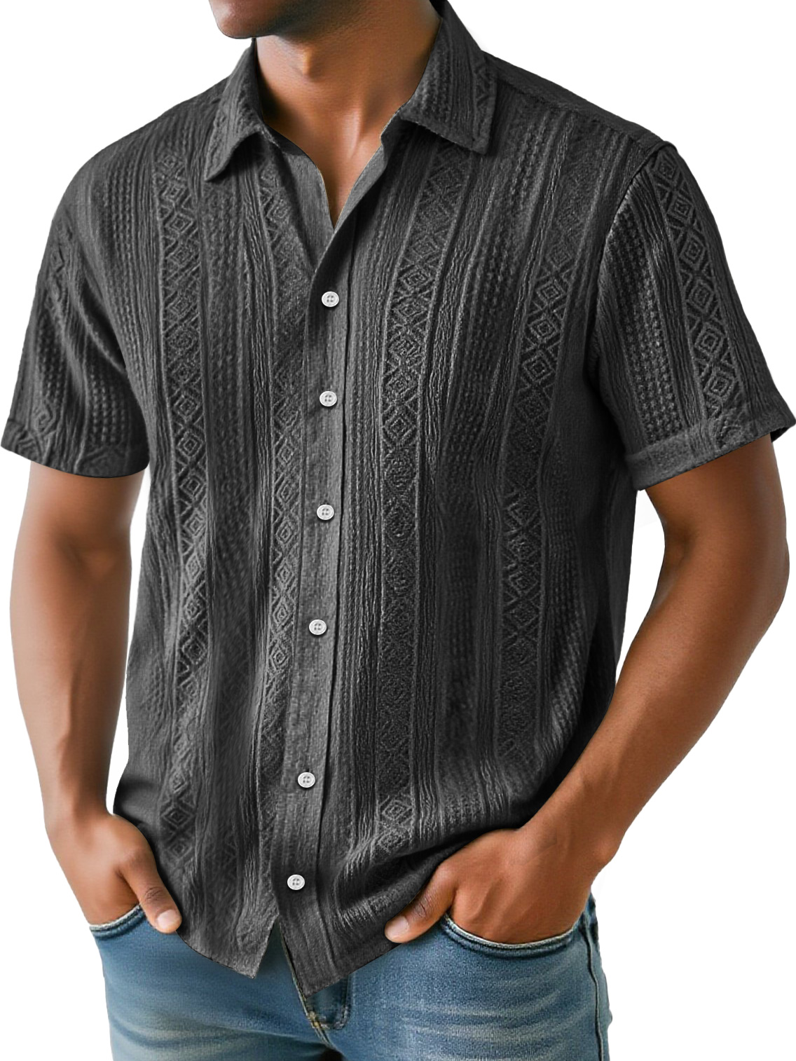 Men's Daily Simple Jacquard Texture Casual And Comfortable Solid Color Short-sleeved Shirt