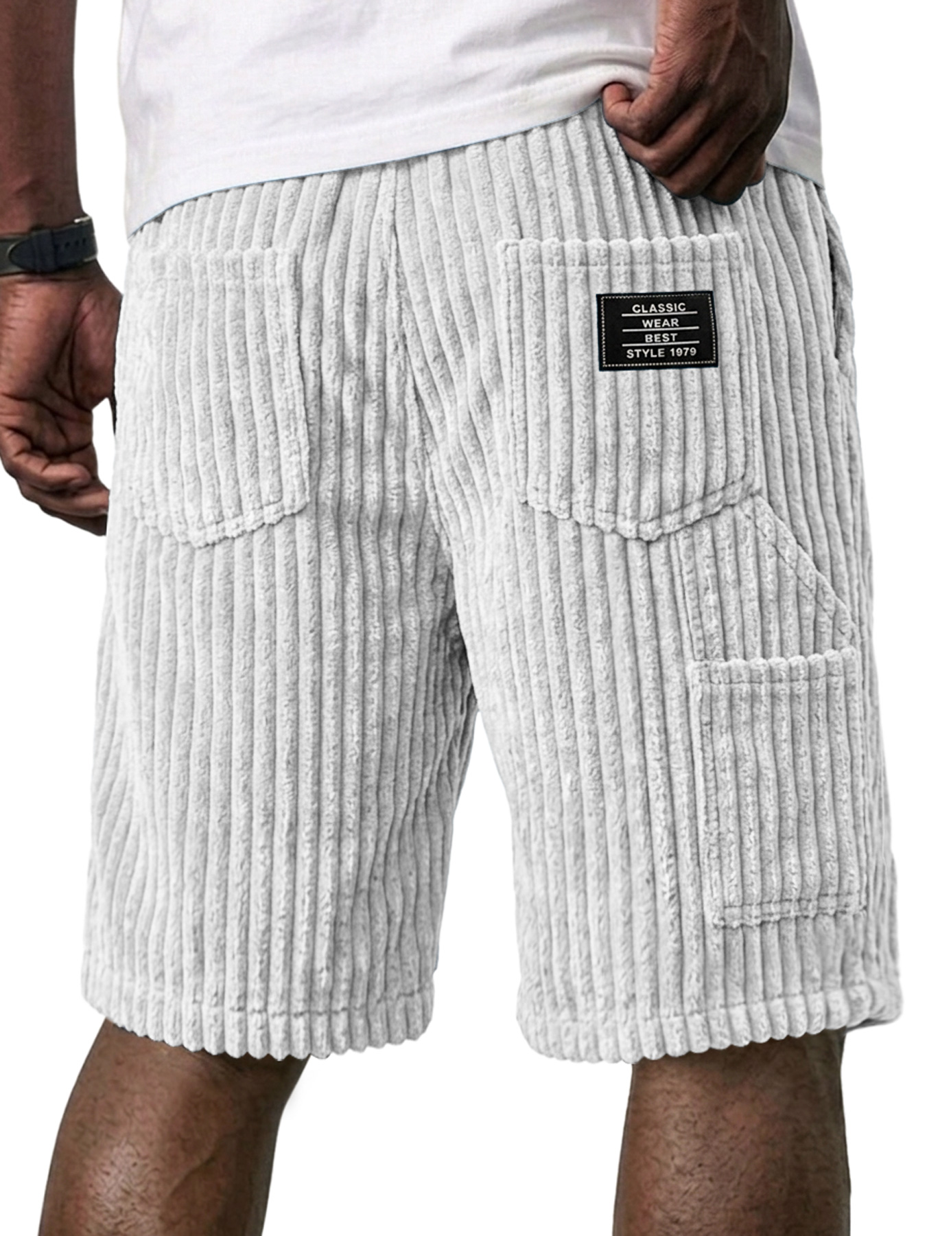 Men's Retro Corduroy Multi-Pocket Embroidered Logo Casual Work Shorts