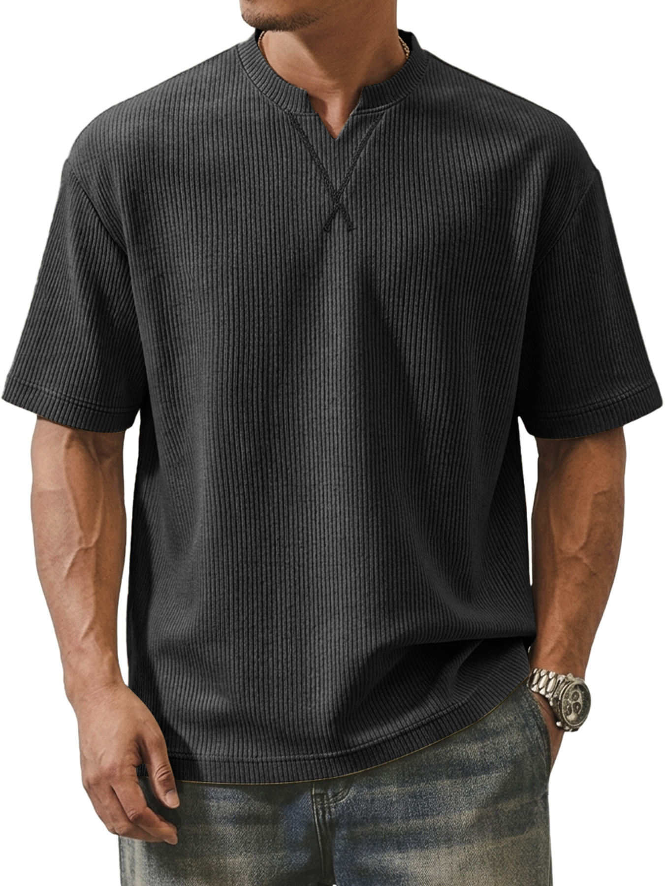 Men's Ribbed V-neck Crossover Design Casual Short-sleeve T-shirt