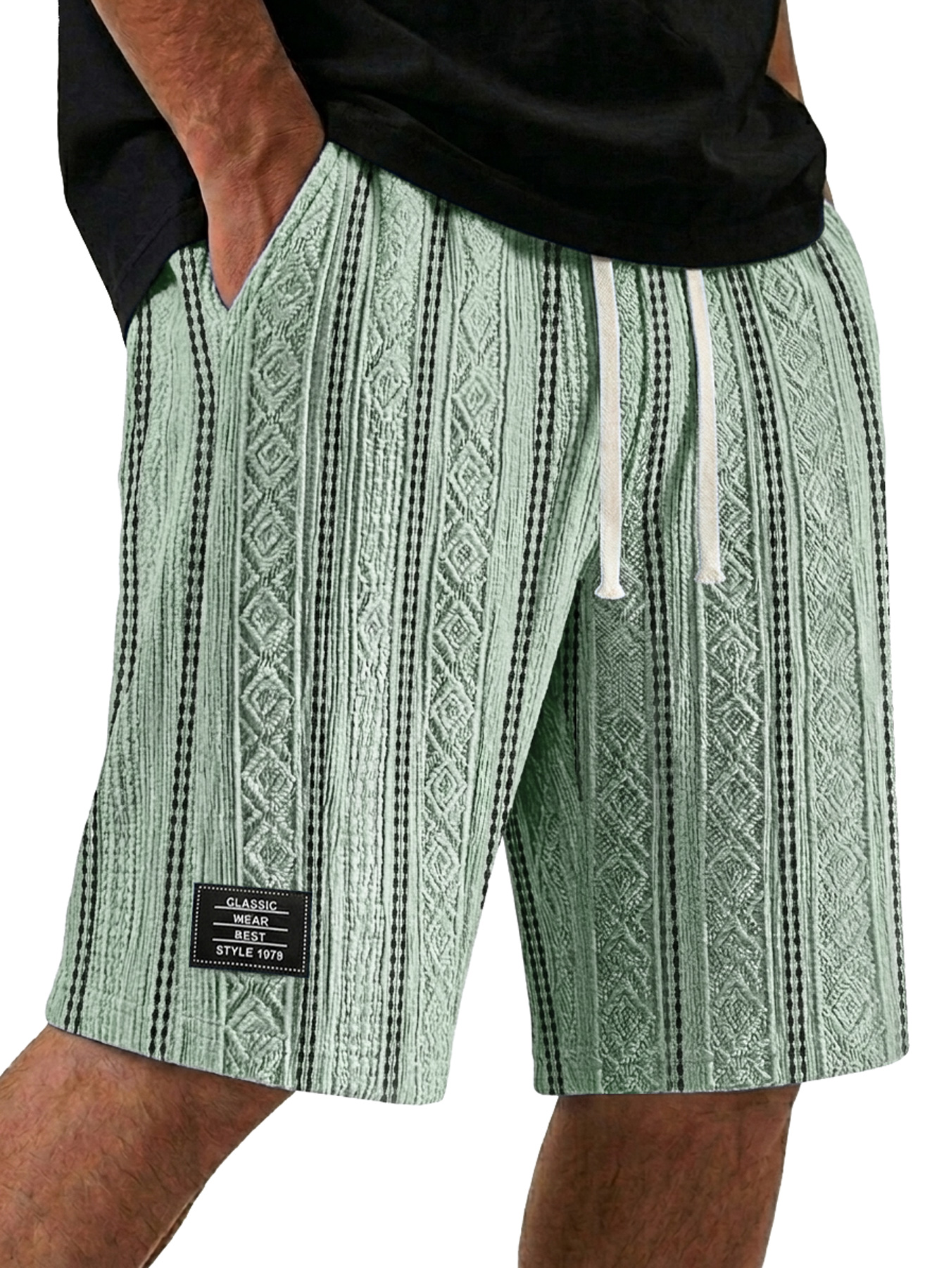 Men's Color-Blocked Textured Embroidered Logo Casual Loose Shorts