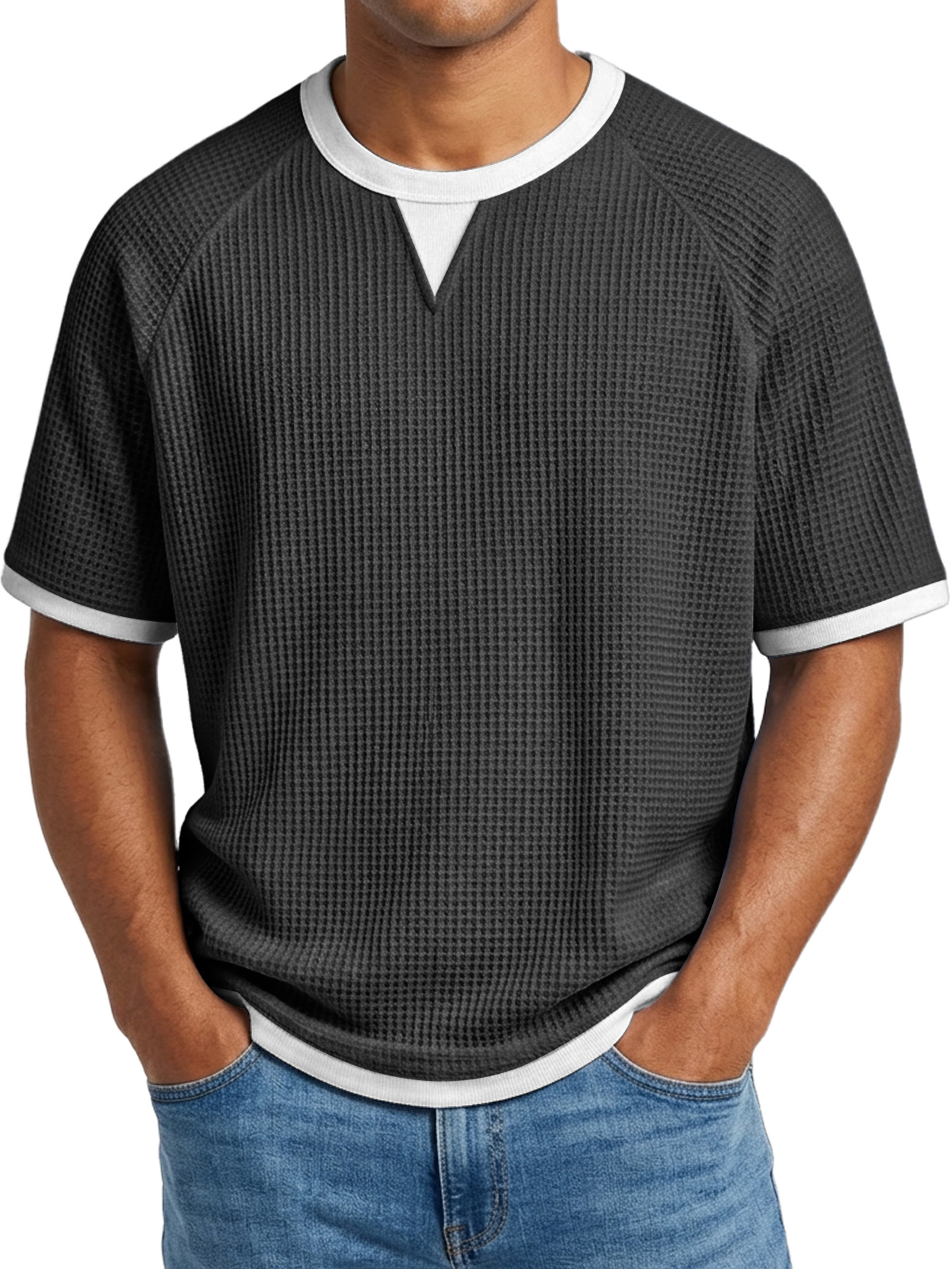 Men's Waffle Casual Color Block Comfortable Crew Neck Short Sleeve T-shirt