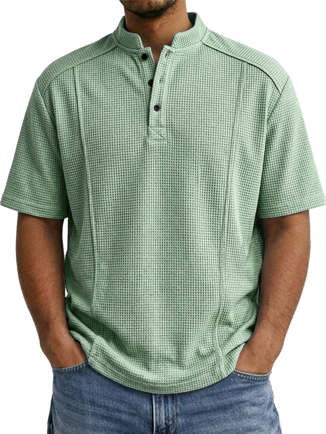 Men's Waffle-knit Deconstructed Stand-up Collar Button-down Casual Short-sleeved Henley Shirt
