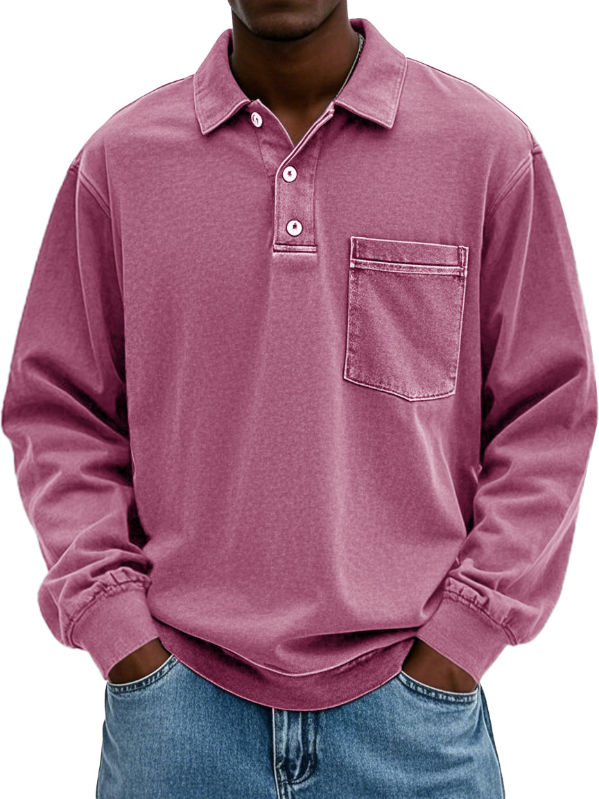 Men's Stylish Vintage Distressed Pocket Lapel Long-sleeved Polo Shirt