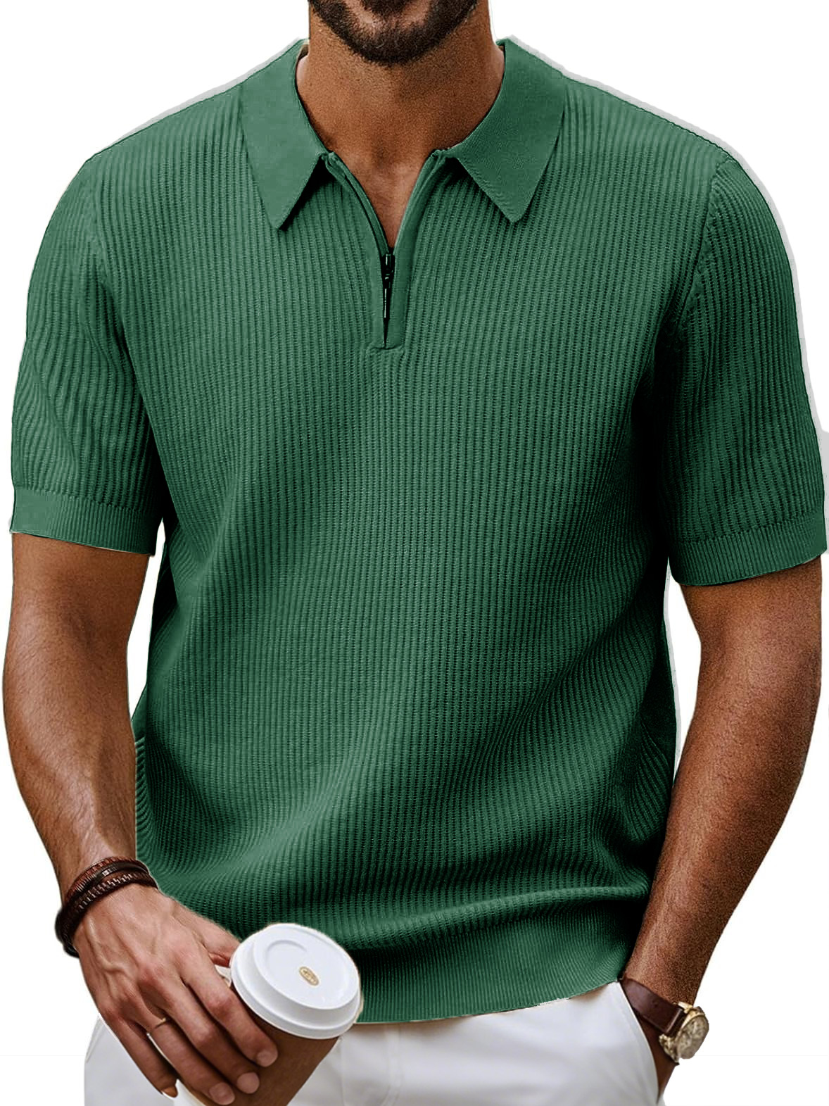 Men's Fashion Daily Casual Ripstop Fabric Zipper Short-sleeved Polo Shirt