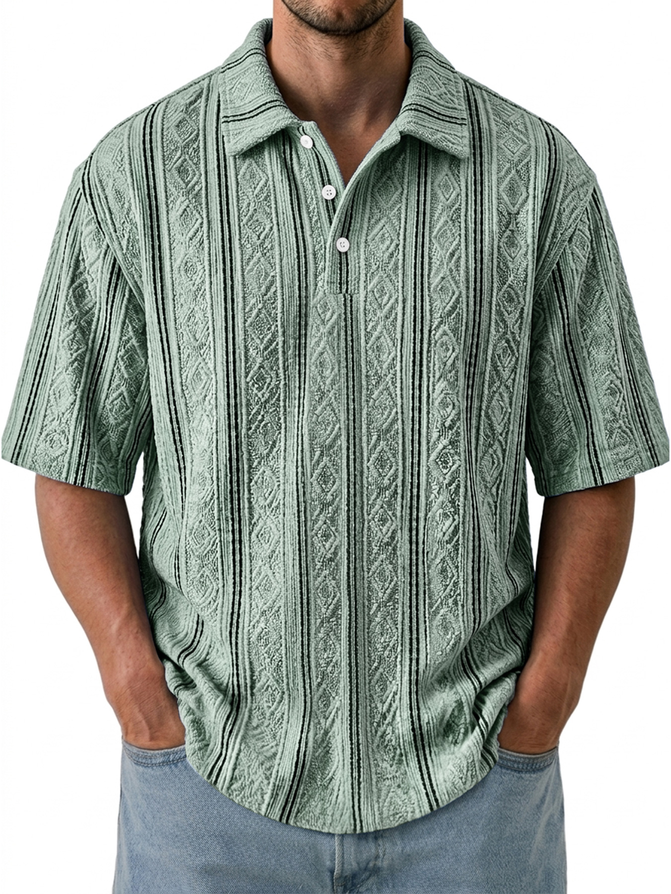 Men's Jacquard Textured Collar Button Casual Short-sleeved Polo Shirt