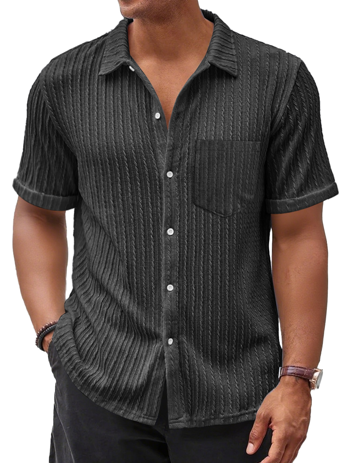 Men's Daily Casual Jacquard Texture Pocket Solid Color Comfortable Short-sleeved Shirt