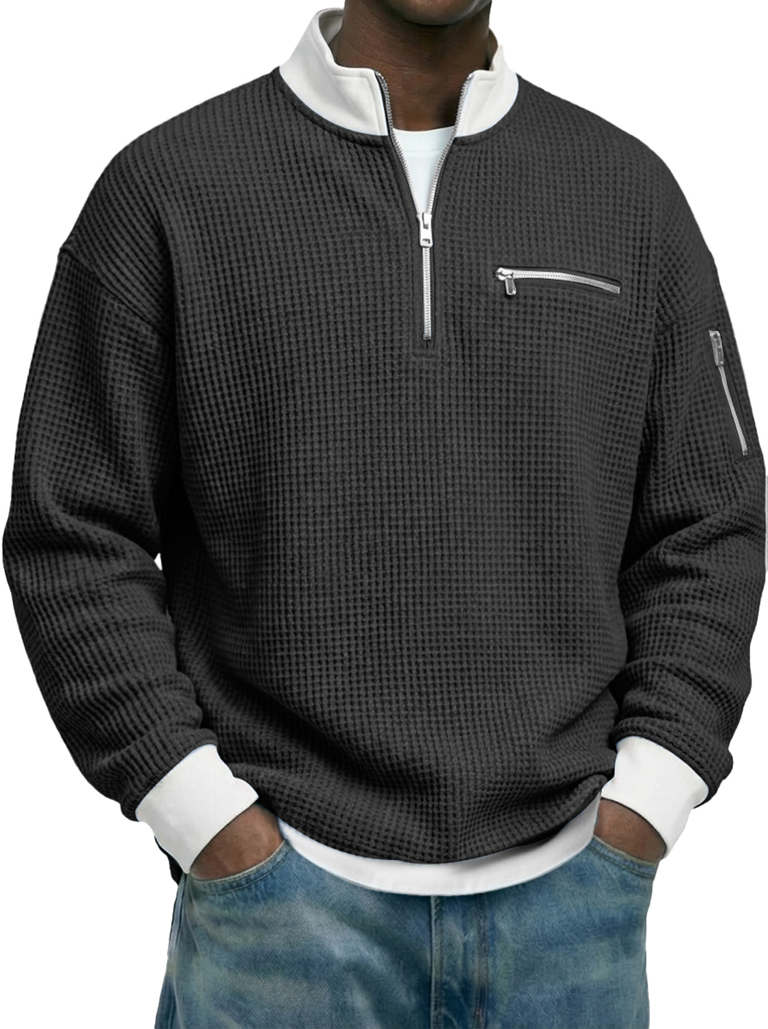 Men's Waffle-knit Stand-collar Color-block Zippered Casual Long-sleeved T-shirt