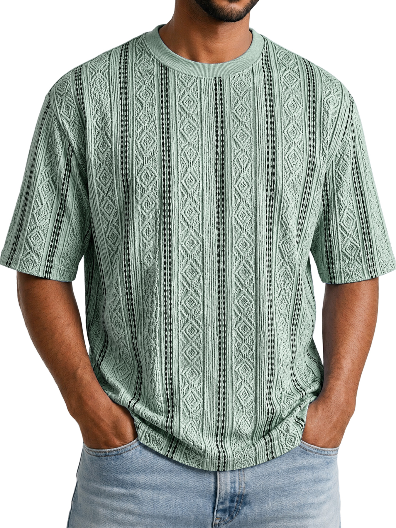 Men's Solid-Color Short-Sleeve Crew-Neck T-Shirt with Jacquard Texture