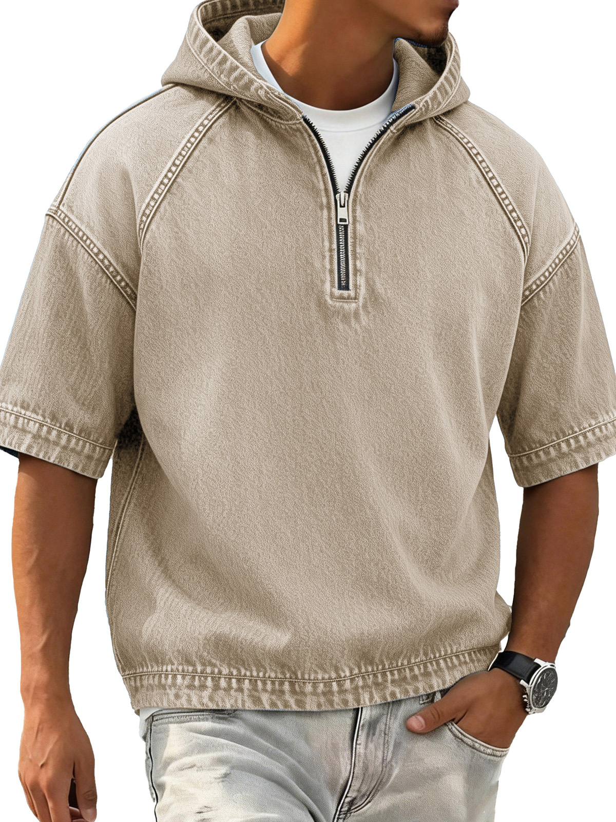 Men's Retro Distressed Raglan Short-Sleeve Sporty Hoodie