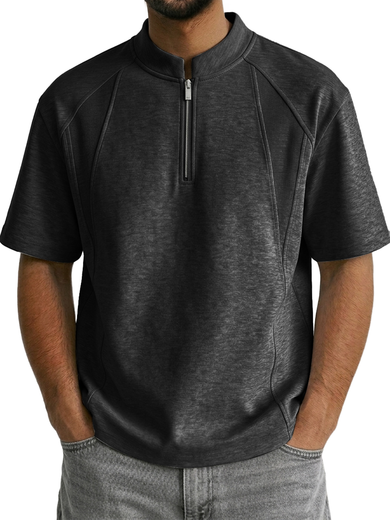 Men's Stand Collar Zipper Deconstructed Casual Short-Sleeve T-Shirt