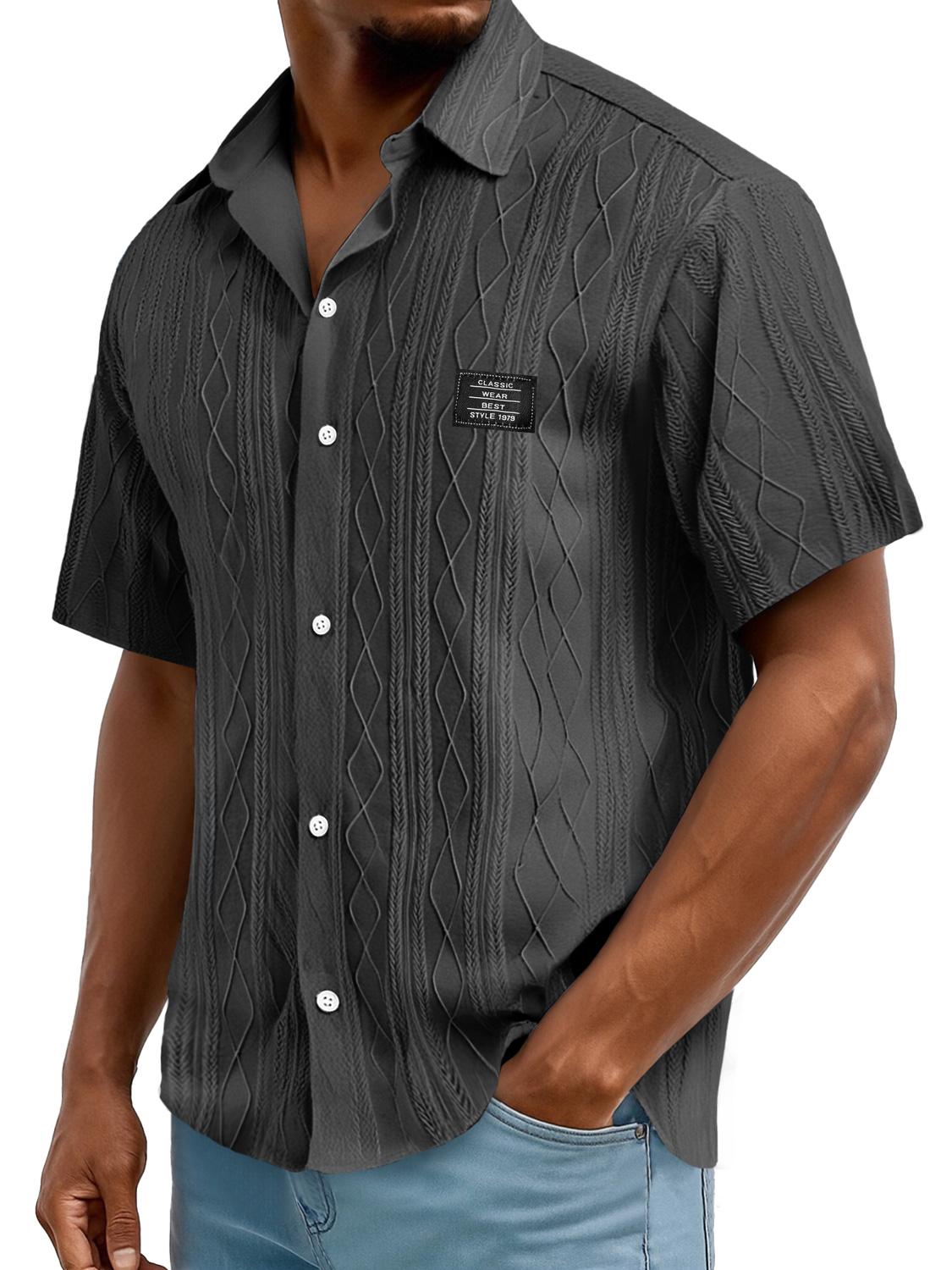 Men's Daily Casual Texture Embroidered Logo Solid Color Comfortable Short-sleeved Shirt