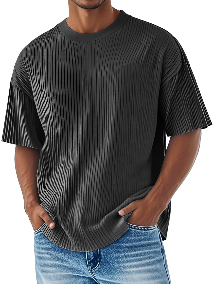 Men's Daily Ribbed Round Neck Casual Solid Color Comfortable Short-sleeved T-shirt
