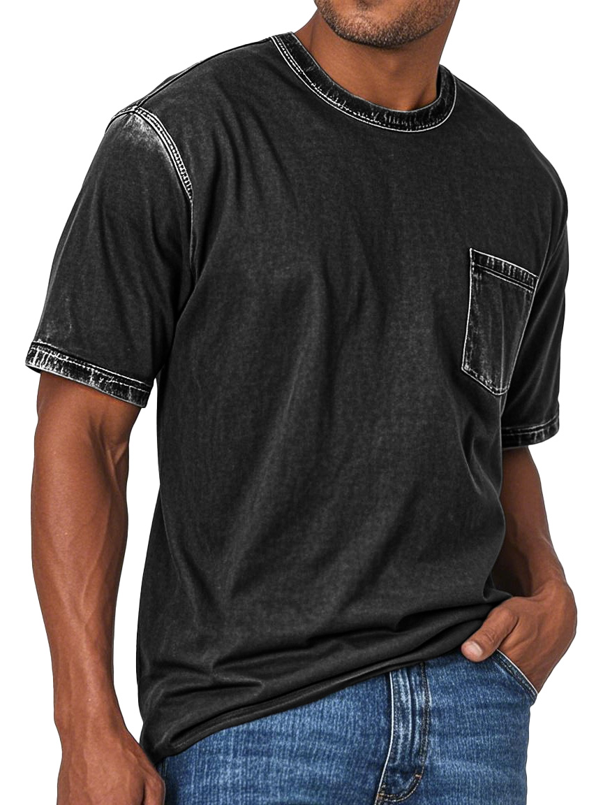 Men's Fashion Retro Washed Round Neck Pocket Short Sleeve T-shirt