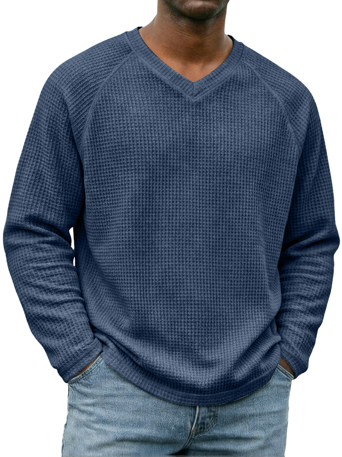 Men's Simple V-neck Raglan Sleeve Waffle Knit Casual Long-sleeved T-shirt