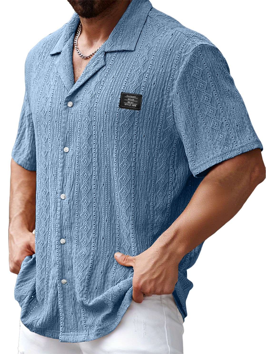 Men's Lapel Daily Jacquard Texture Embroidered Logo Casual And Comfortable Short-sleeved Shirt