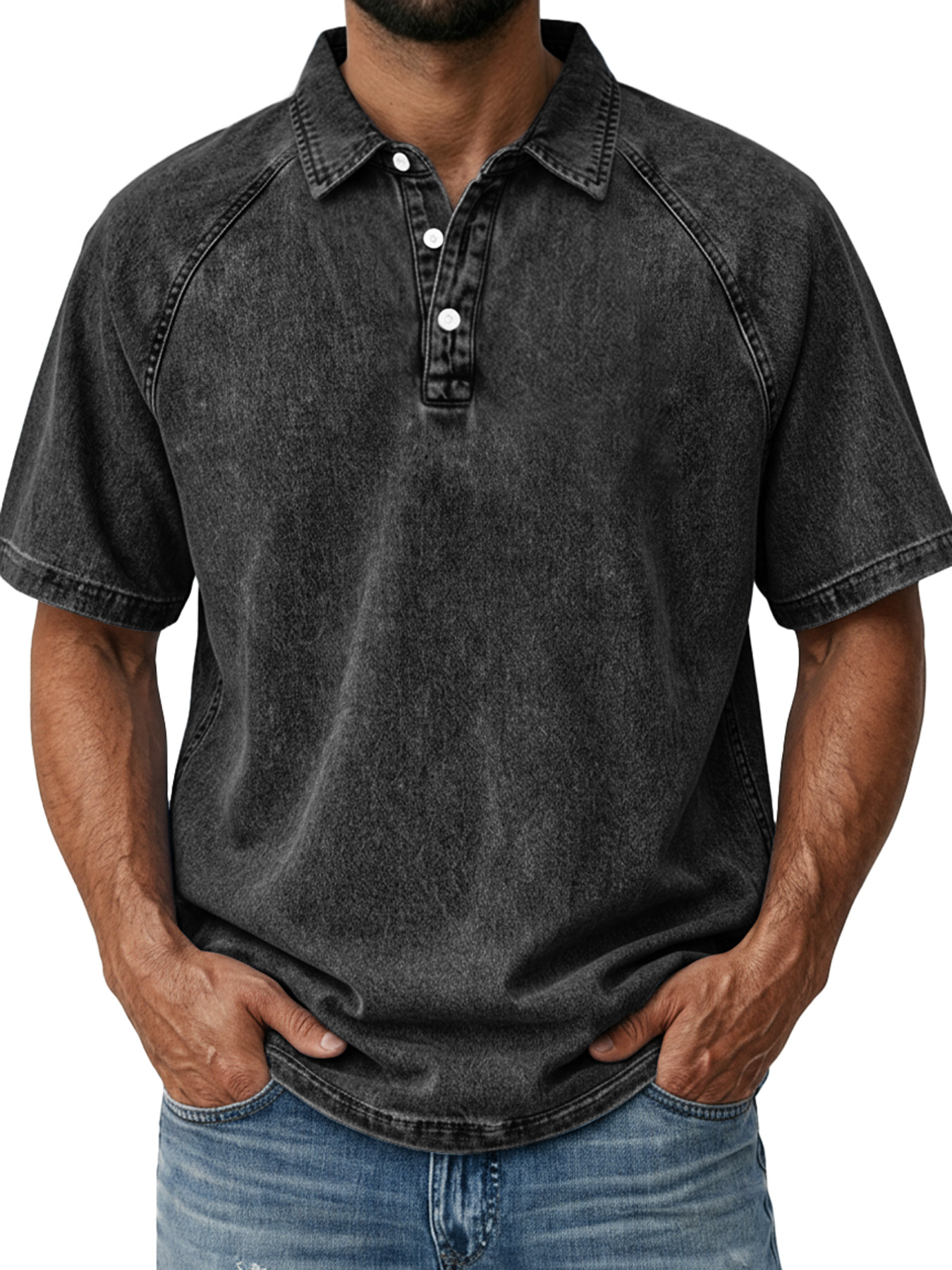Men's Casual Retro Raglan Collar Button-Down Short Sleeve Polo Shirt