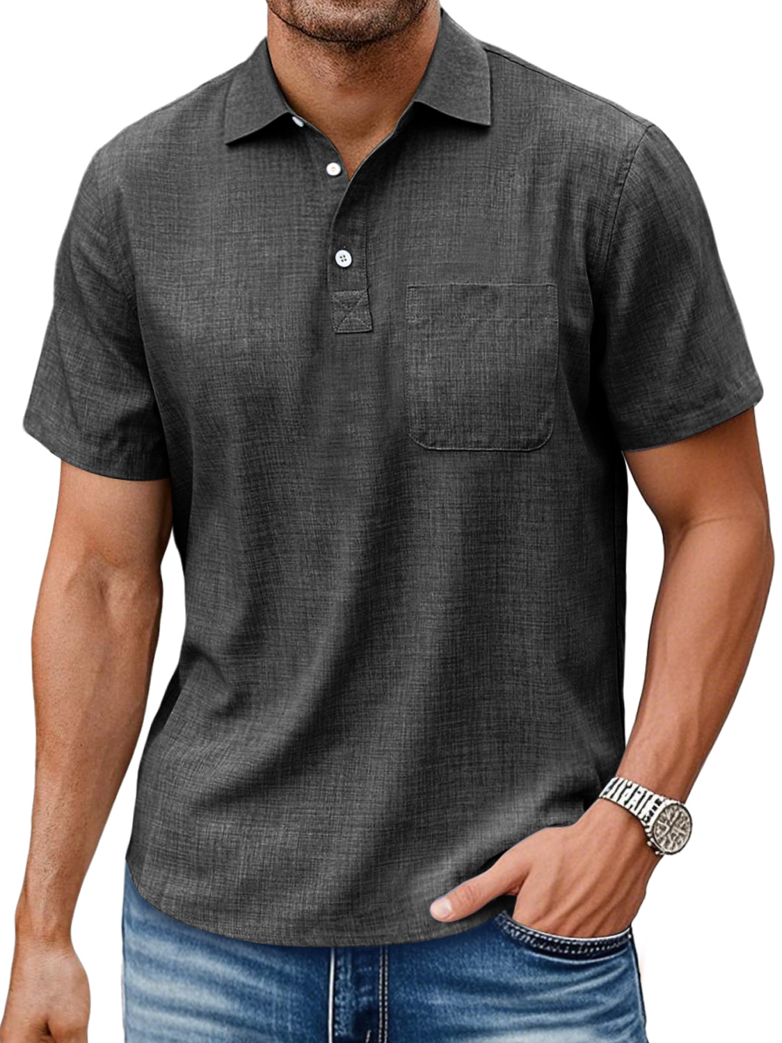 Men's Daily Lapel Pocket Casual Comfortable Solid Color Short-sleeved Polo Shirt