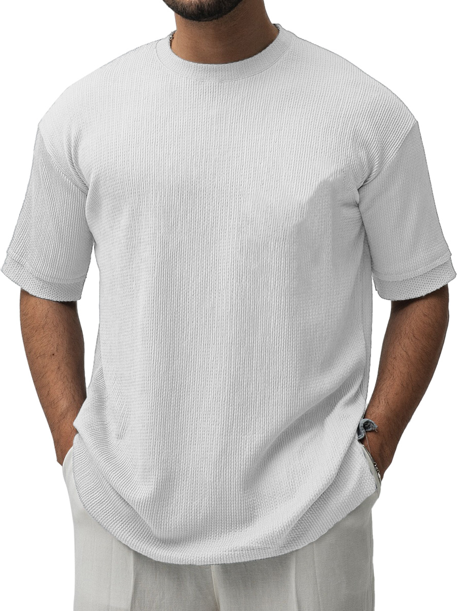 Men's Fashion Casual Ribbed Fabric Short-sleeved Crew Neck T-shirt