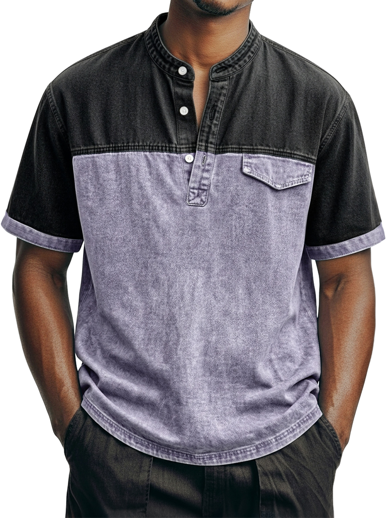 Men's Retro Color Block Casual Stand Collar Button-Down Short Sleeve Henley Shirt