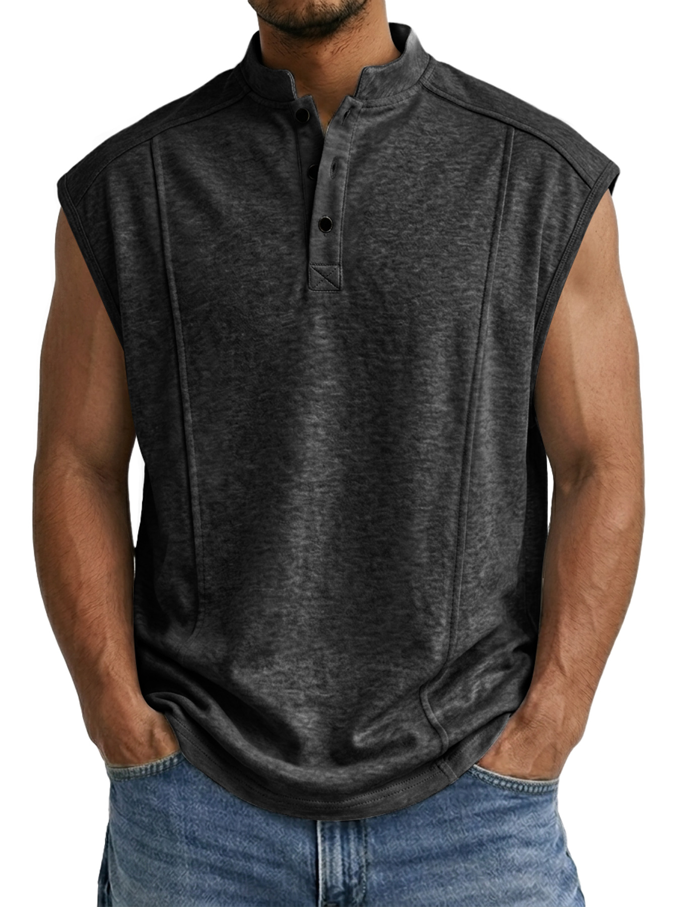 Men's Casual Stand Collar Button Deconstructed Design Solid Color Sleeveless Vest
