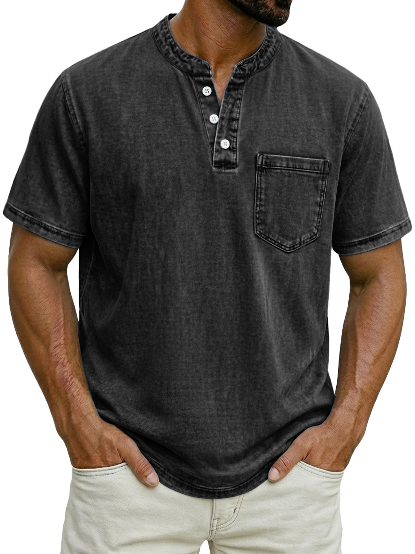 Men's Casual Retro Stand Collar Button-Down Short Sleeve Henley Shirt