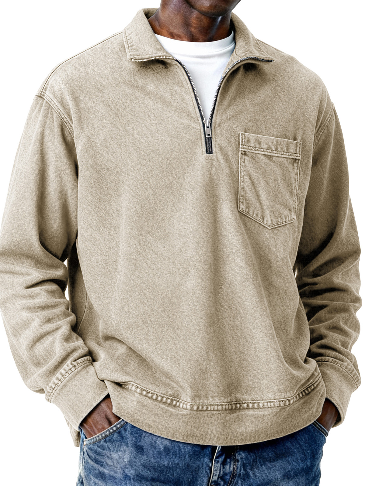 Men's Retro Distressed Zipper Loose Long-Sleeve Polo Shirt