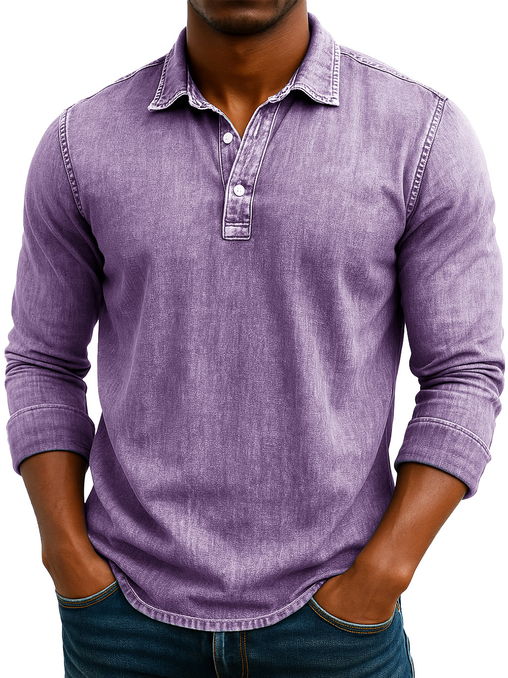 Men's Stylish Retro Washed And Distressed Lapel Long-sleeved Polo Shirt