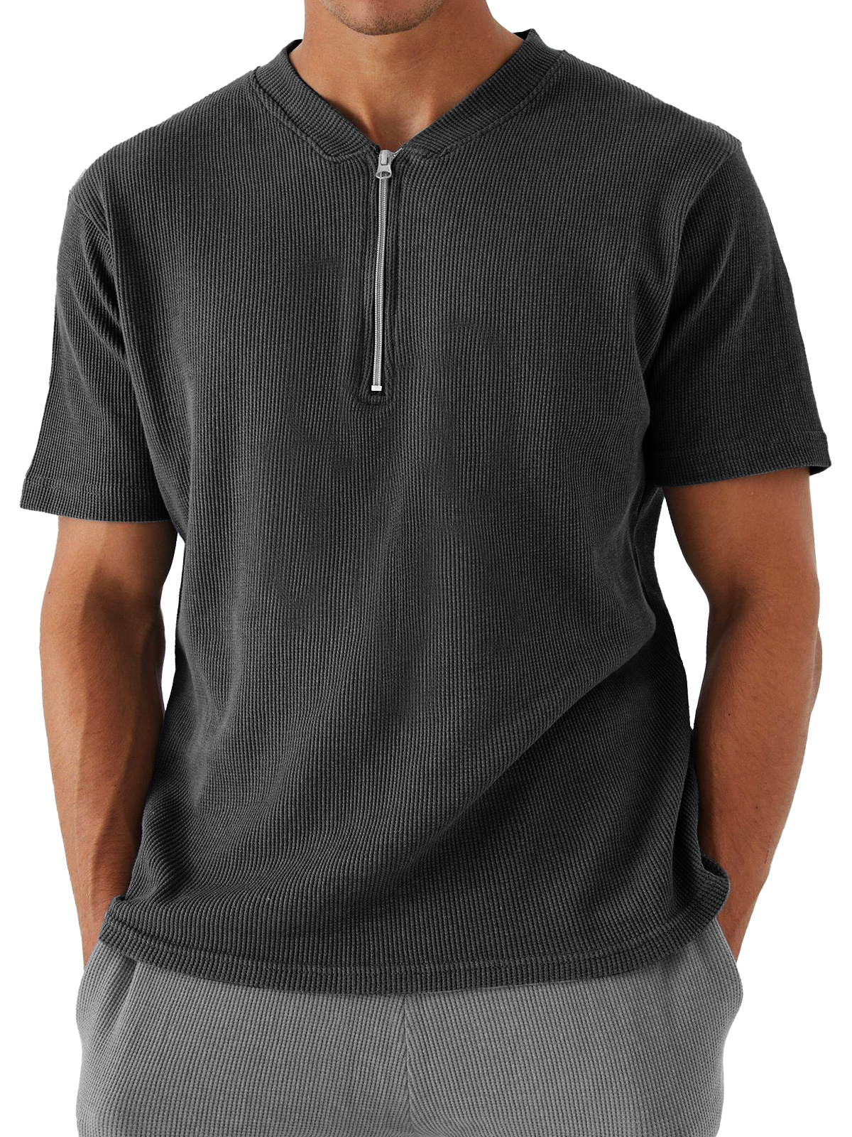 Men's Waffle Zipper Casual Solid Color Short Sleeve T-shirt