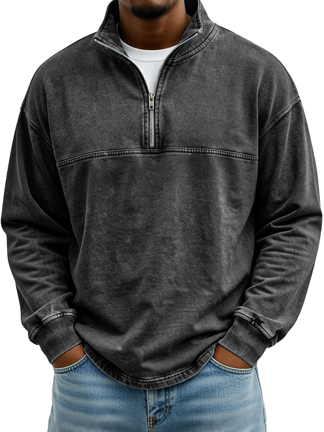 Men's Vintage Stand-collar Long-sleeved T-shirt With Zipper And Contrasting Stitching Design