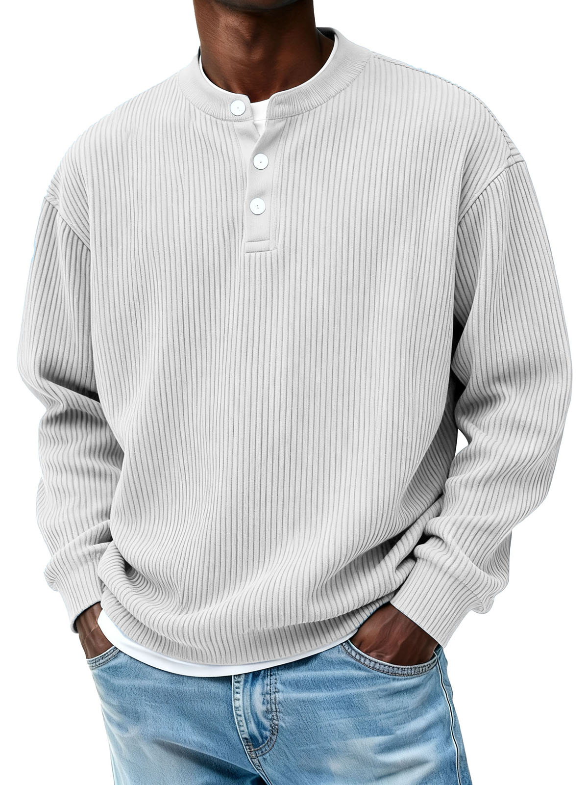 Men's Casual Pit Strip Fabric Three-button Long-sleeved Henry Shirt