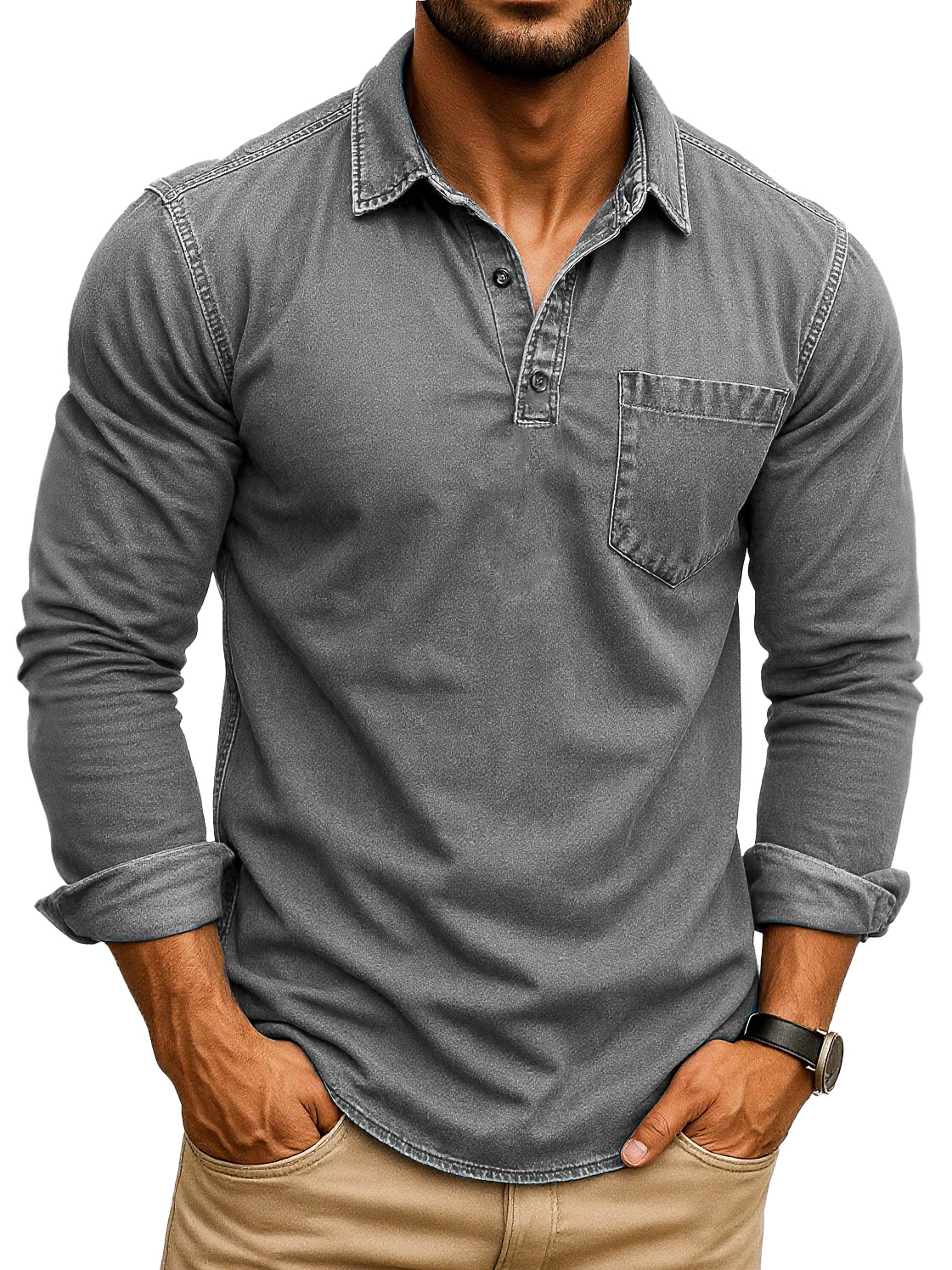 Men's Retro Fashion Distressed Lapel Pocket Long Sleeve Polo Shirt