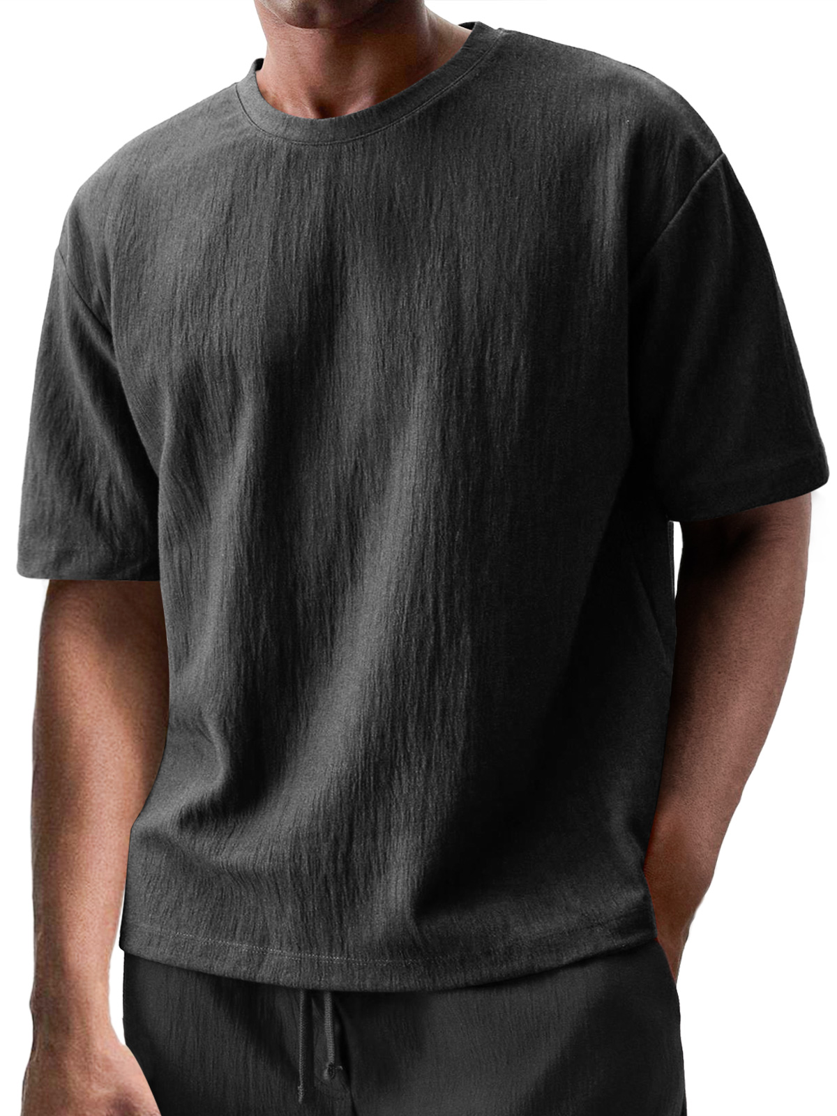 Men's Round Neck Casual Pleated Texture Short-sleeved T-shirt