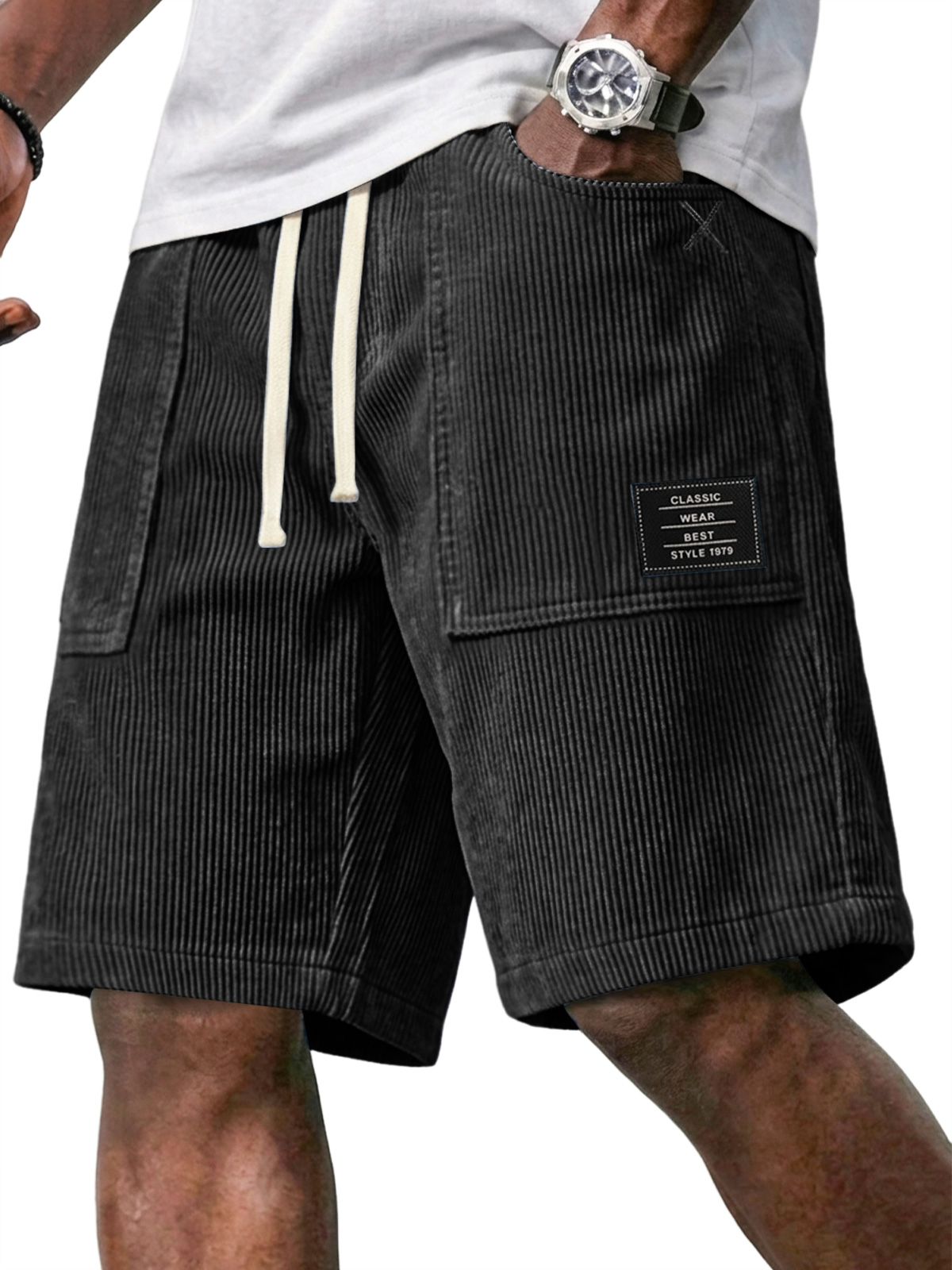 Men's Retro Corduroy Patch Pocket Embroidered Logo Elastic Waist Casual Shorts