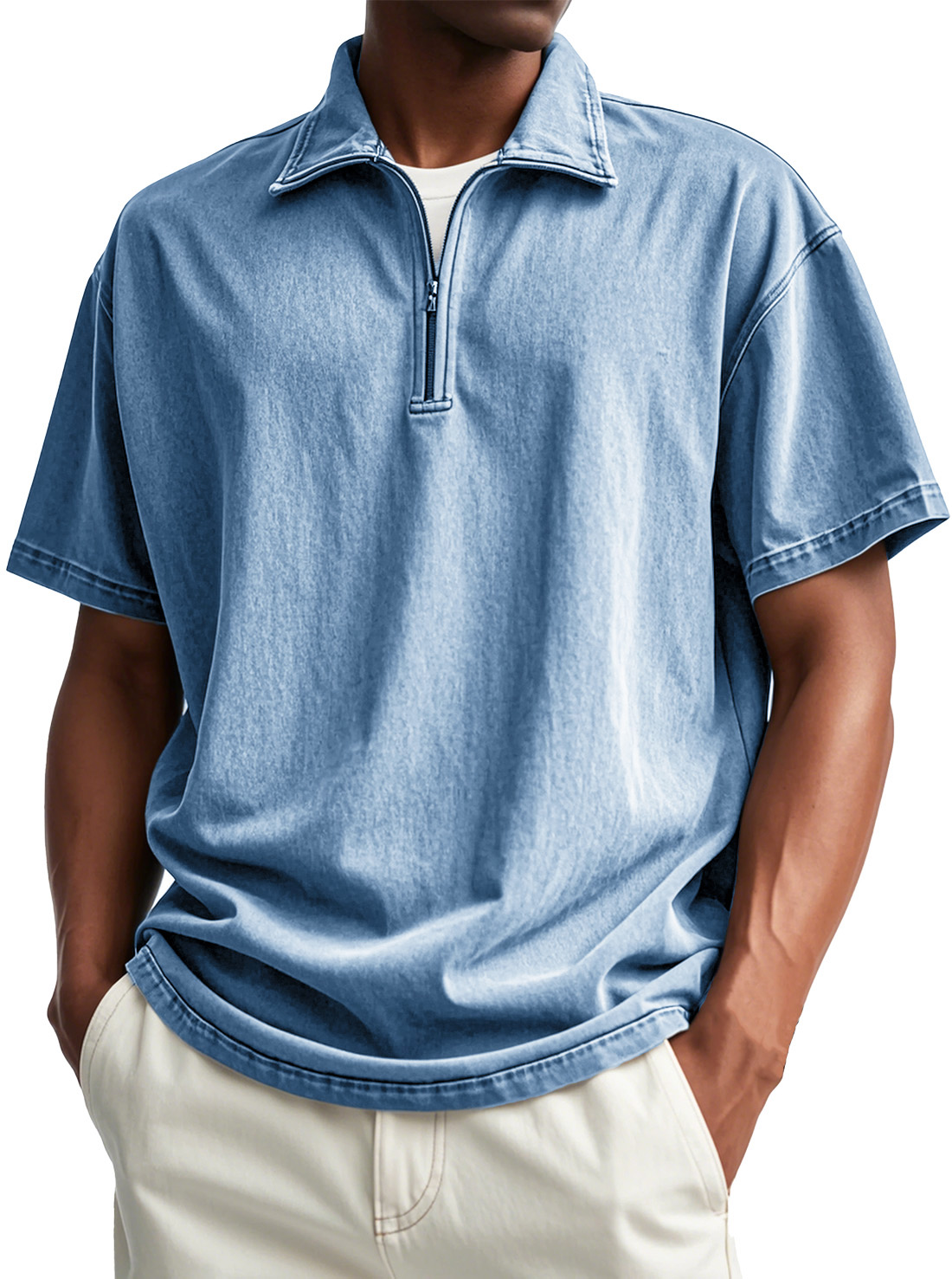 Men's Fashion Retro Distressed Short Sleeve Stand Collar Zip Polo Shirt