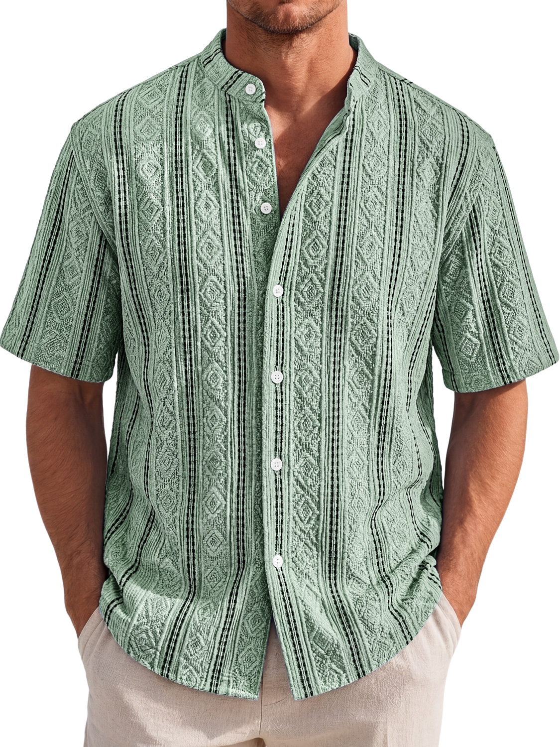 Men's Short-Sleeve Casual Shirt with Stand Collar and Textured Jacquard Finish