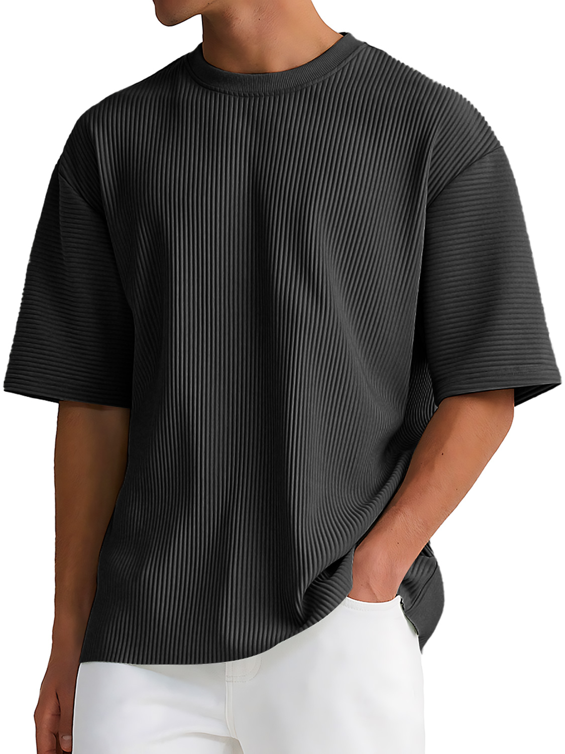 Men's Daily Round Neck Ribbed Texture Casual Solid Color Short-sleeved T-shirt