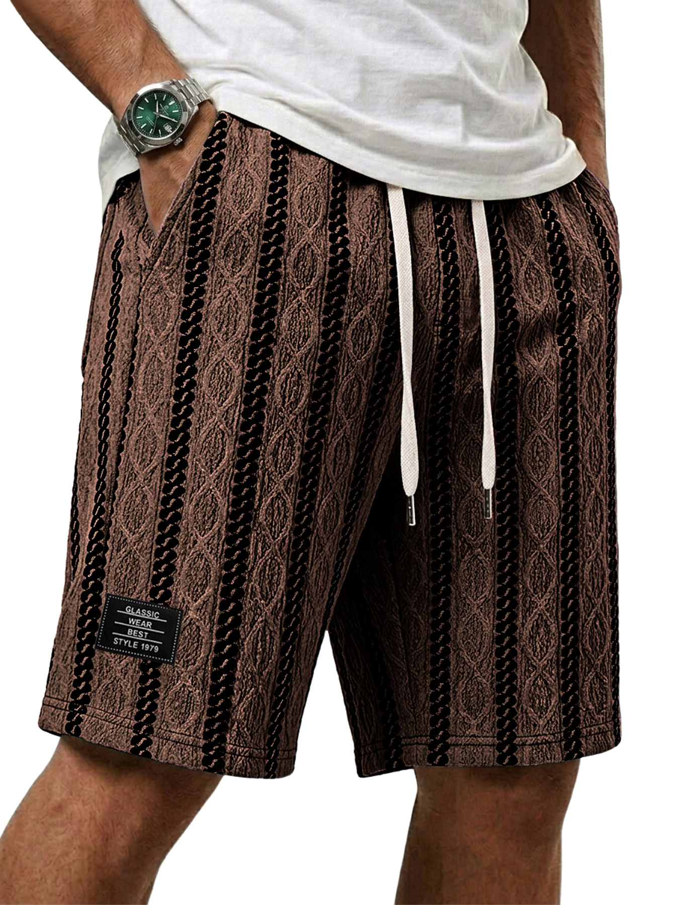 Men's Casual Jacquard Textured Embroidered Logo Loose Shorts