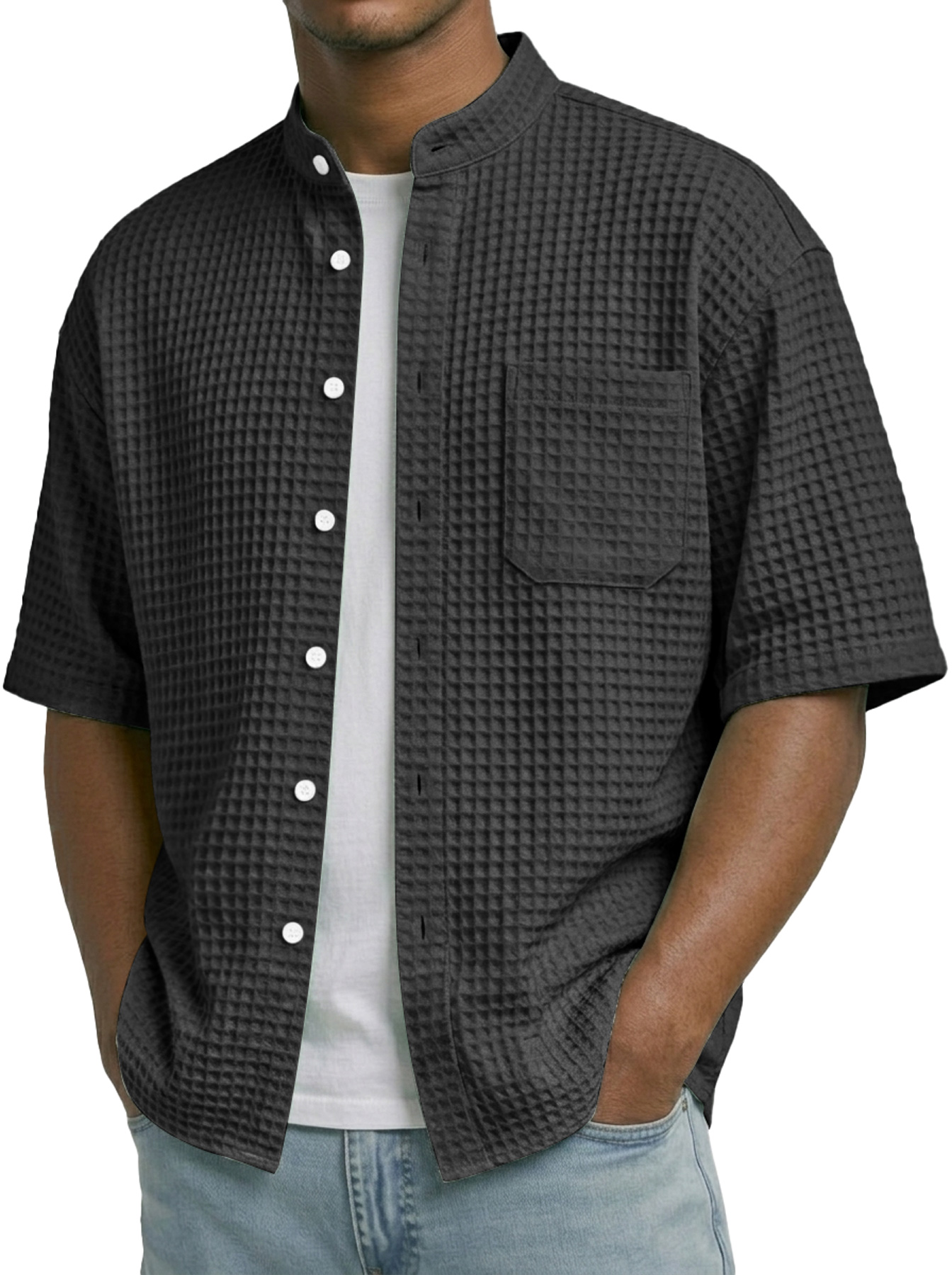 Men's Waffle Collar Stand Collar Pocket Casual Short-Sleeve Shirt