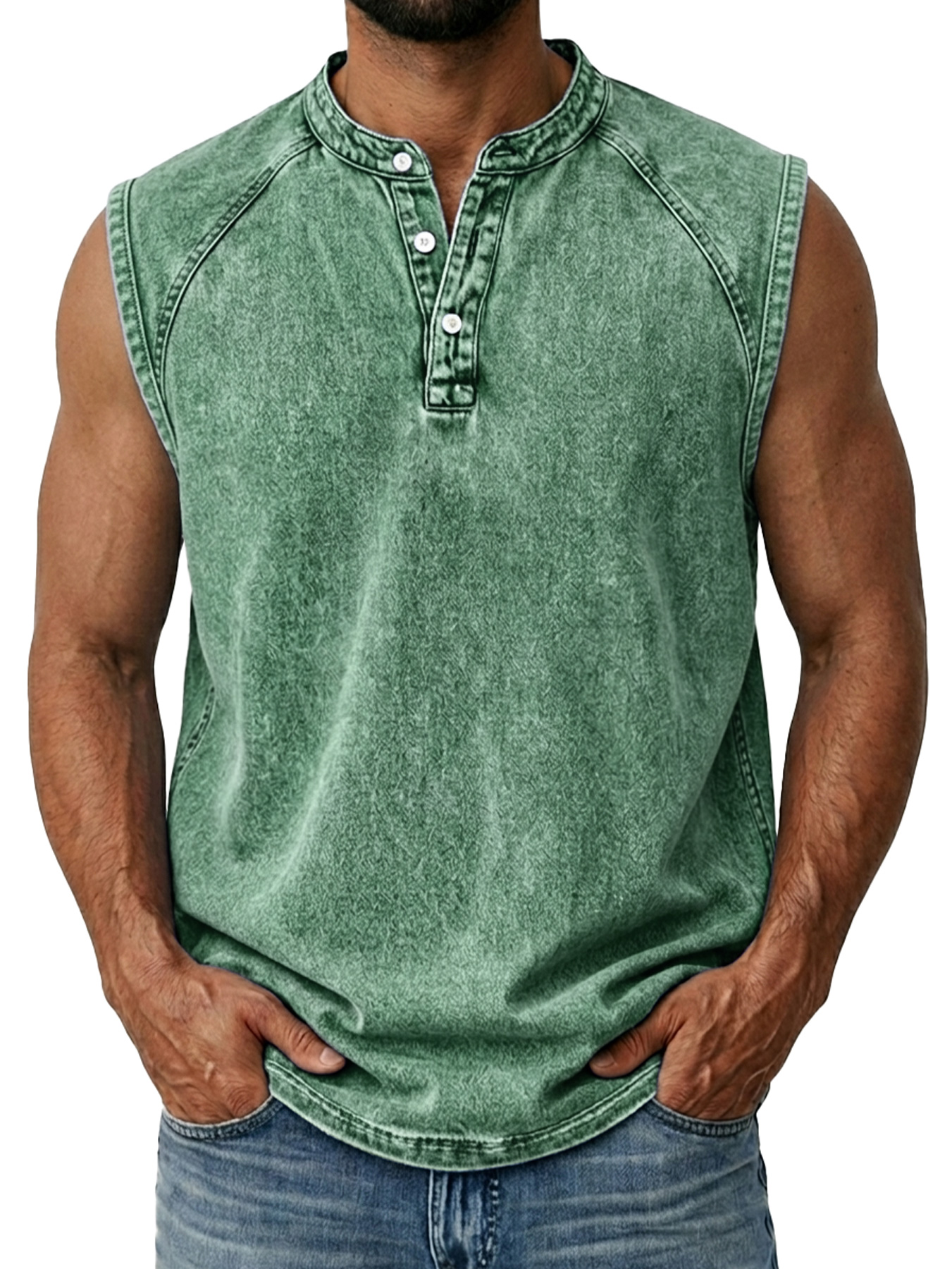 Men's Retro Raglan Collar Button Casual Sleeveless Henley Shirt