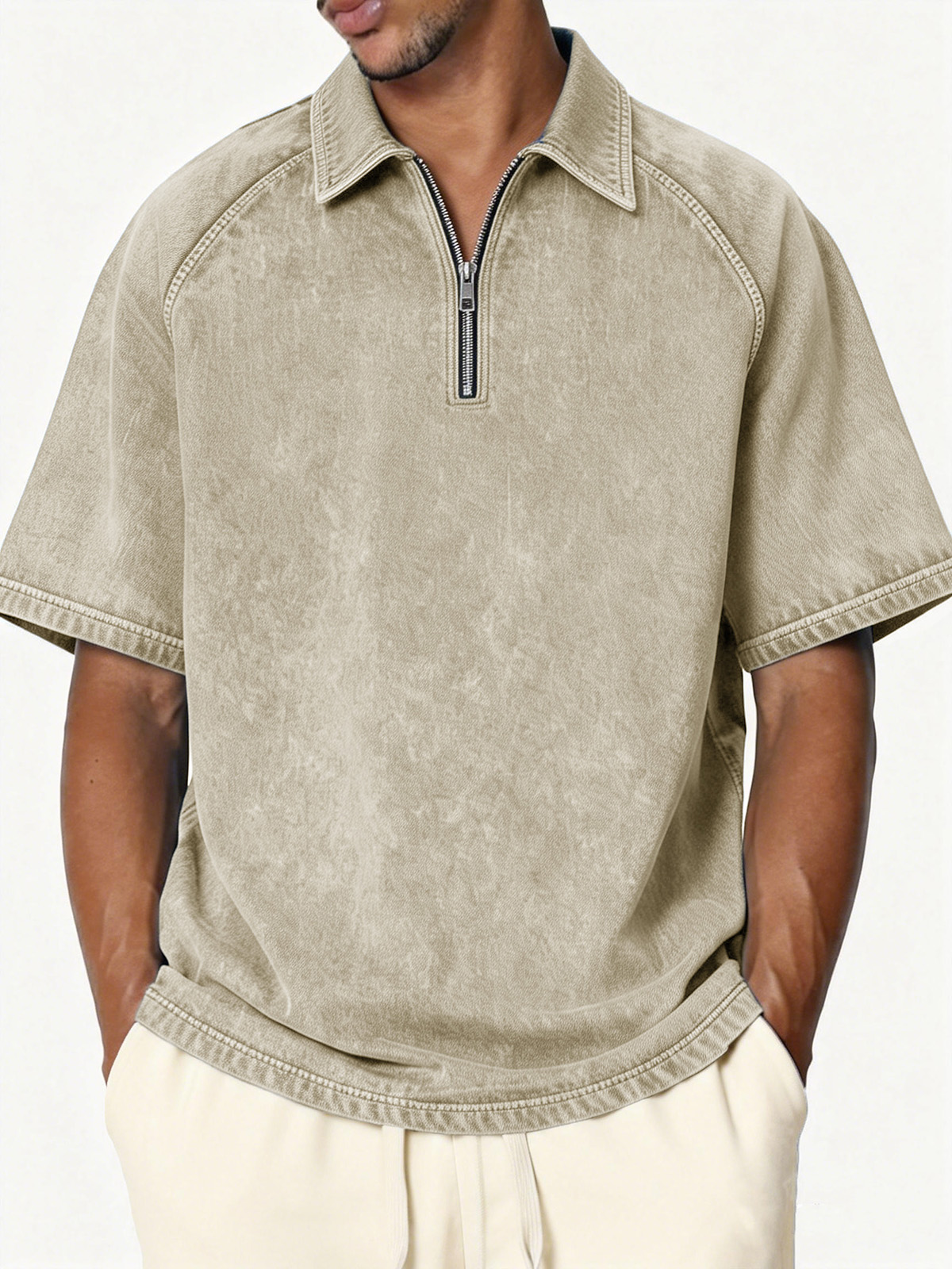 Men's Retro Distressed Raglan Collar Zipper Loose Short-Sleeve Polo Shirt