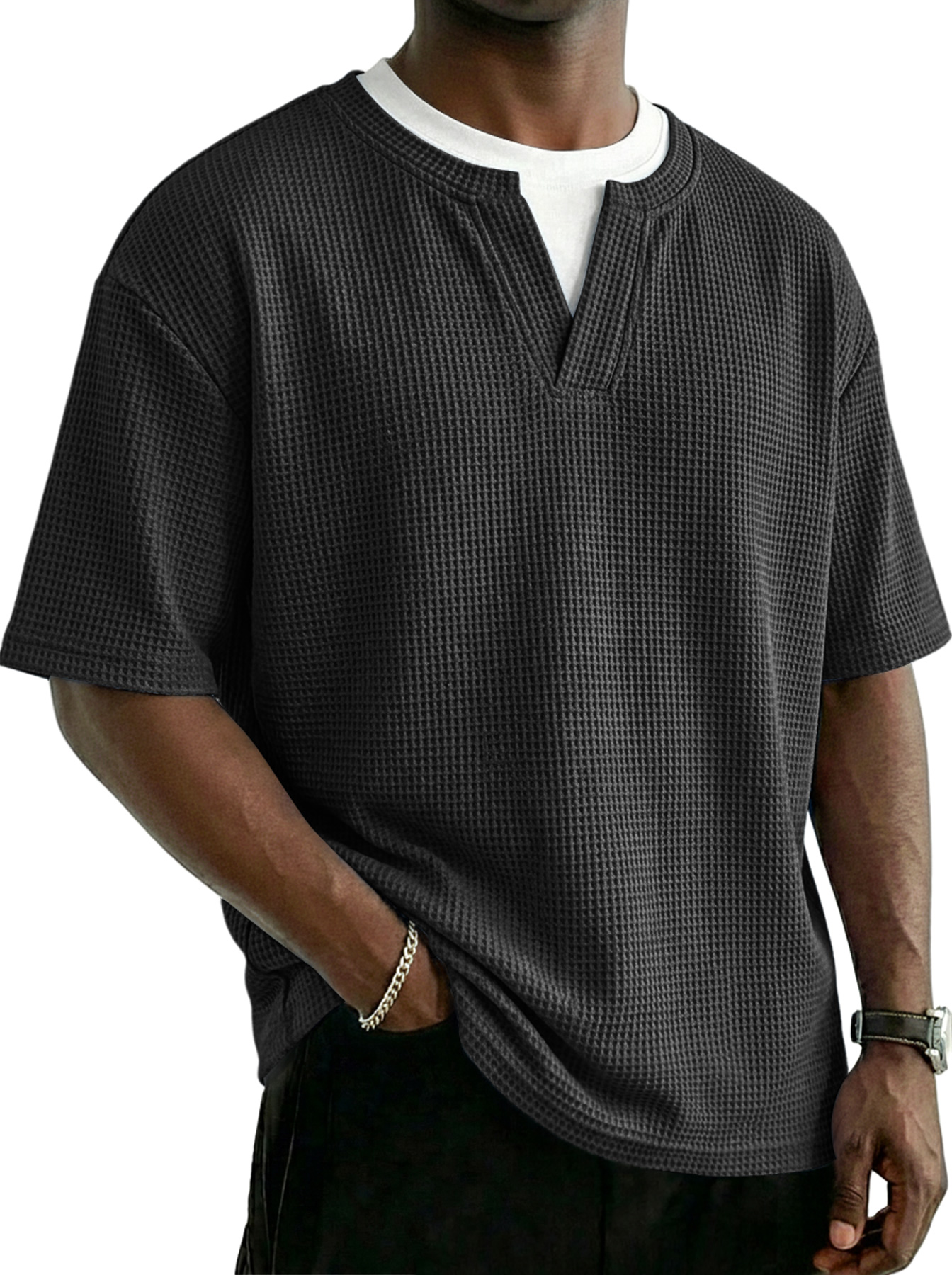 Men's Waffle-knit Faux Two-piece Casual Solid Color Short-sleeved T-shirt