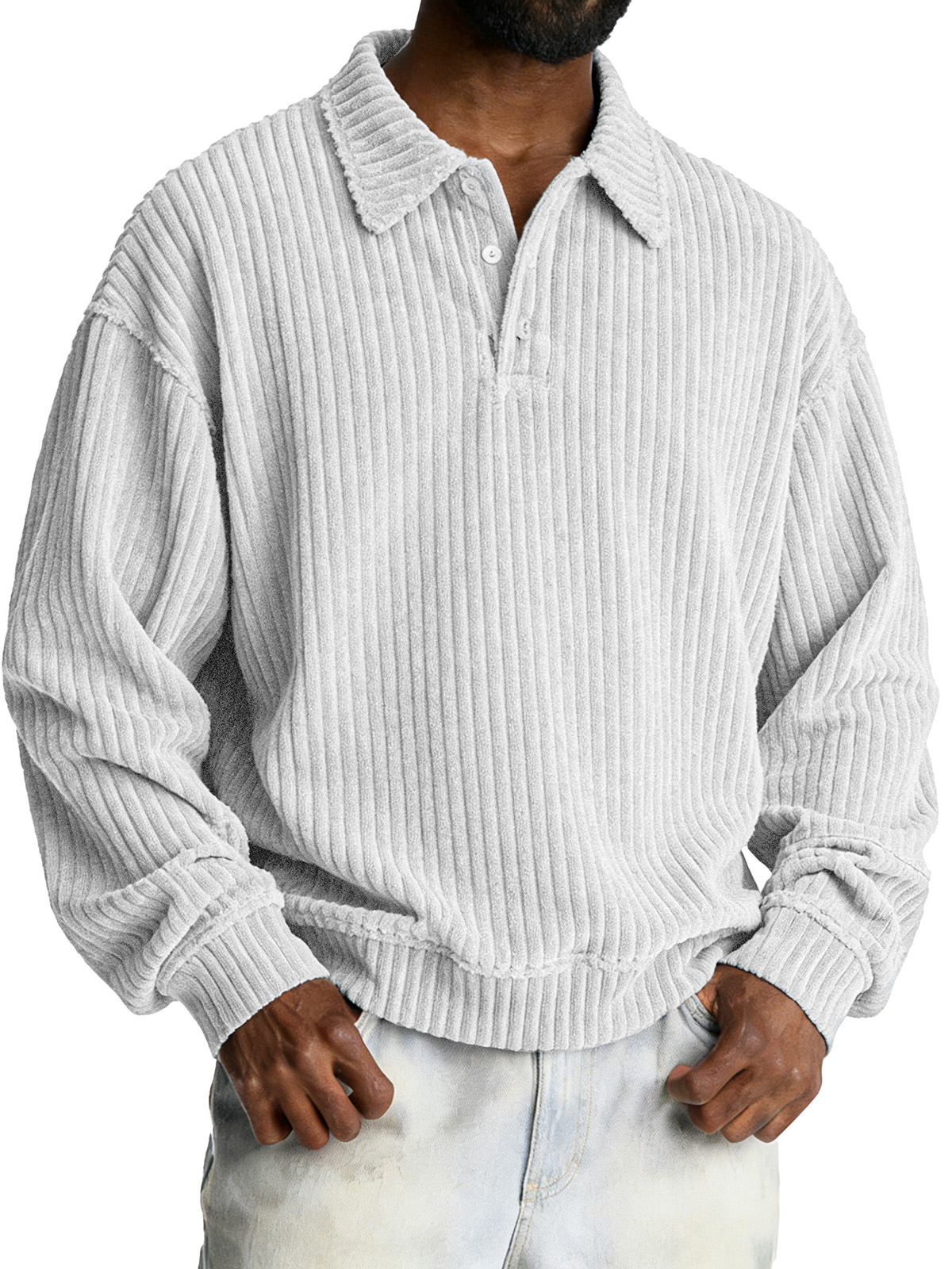 Fashionable Retro Loose Pit Strip Fabric Lapel Long-sleeved Polo Shirt