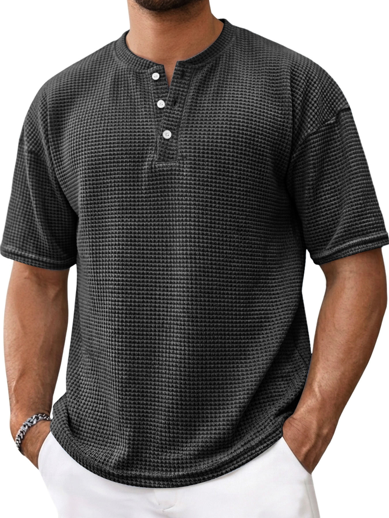 Men's Casual Textured Solid Color Short-Sleeve Henley Shirt