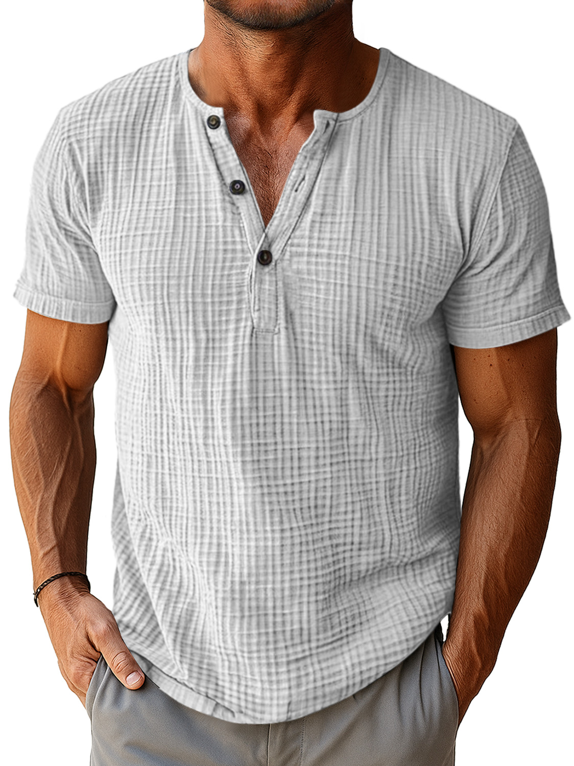 Men's Retro Everyday Pleated Texture Button Solid Color Short Sleeve Henley Shirt