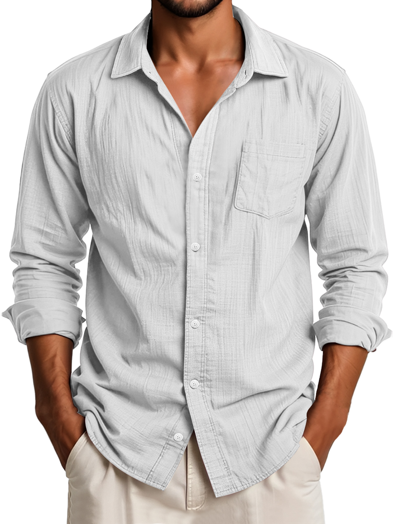 Men's Daily Lapel Pocket Casual Solid Color Long Sleeve Shirt