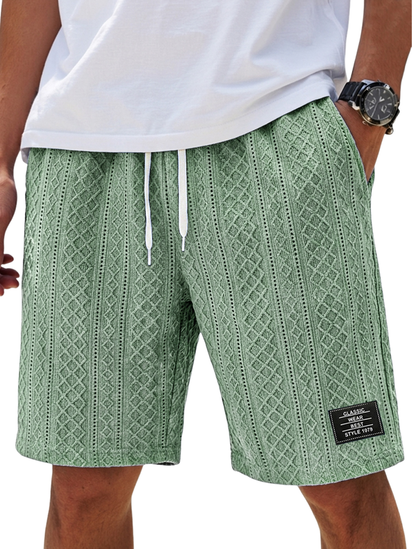 Men's Fashion Textured Embroidered Logo Elastic Waist Casual Shorts