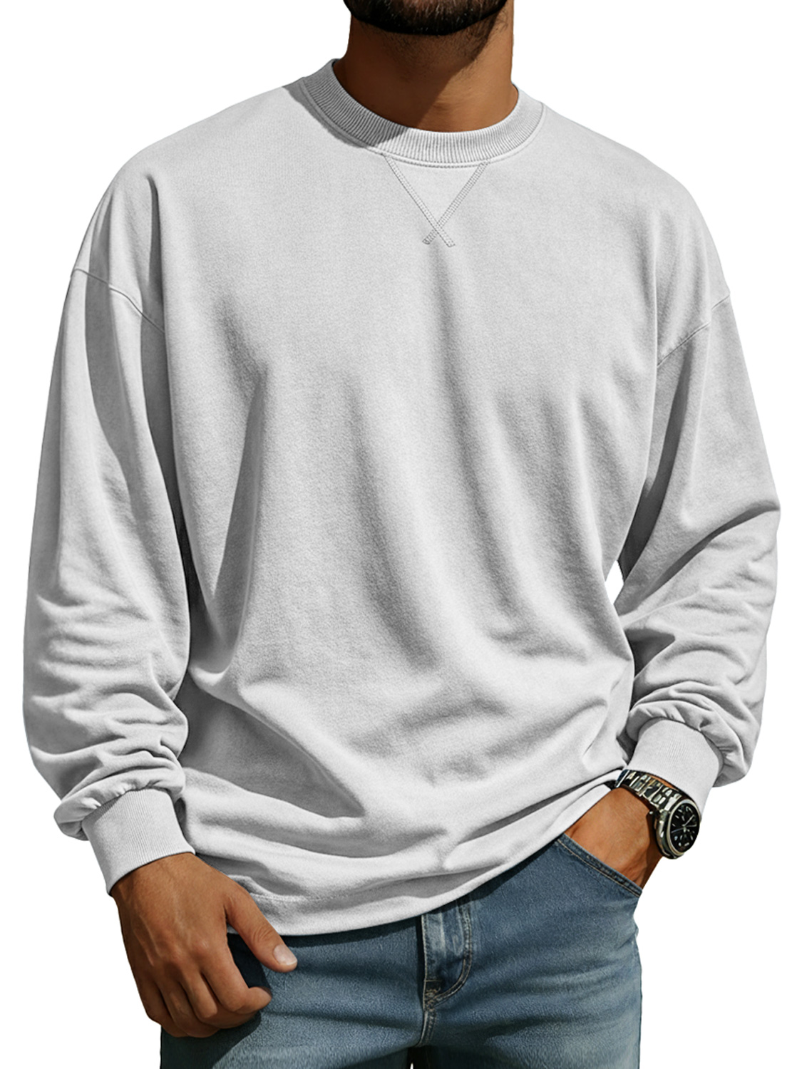 Men's Comfortable Crew Neck Long-sleeved T-shirt With A Crossover Design