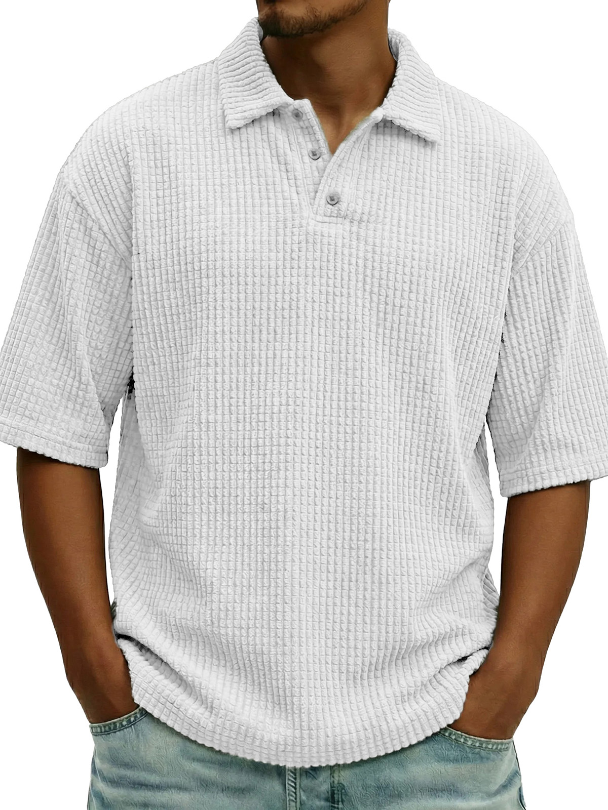 Men's Fashionable Casual Waffle Knit Collar Short-Sleeve Polo Shirt