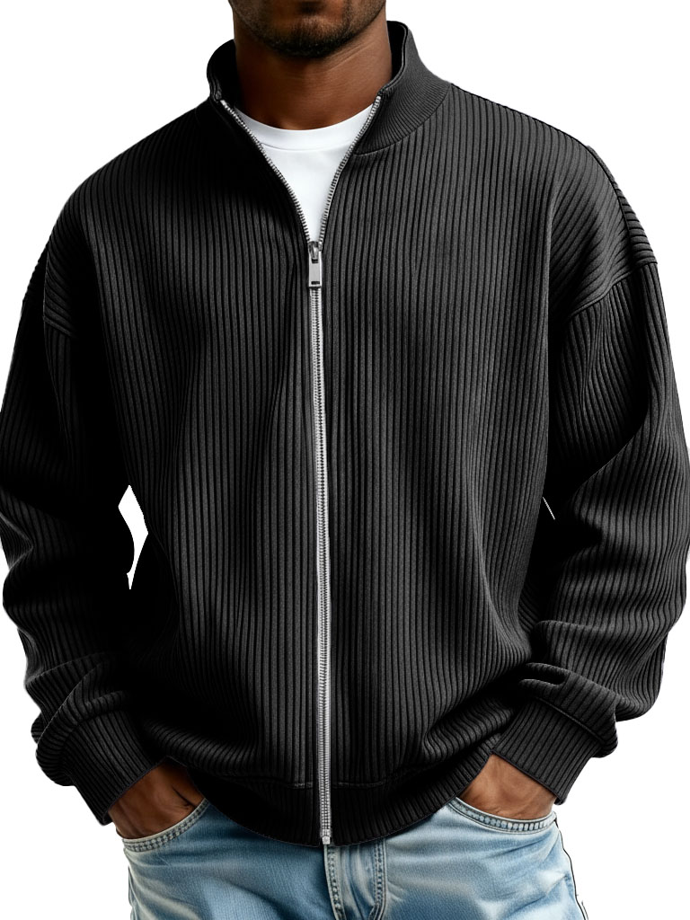 Men's Fashion Casual Stand Collar Ribbed Fabric Long-Sleeve Jacket