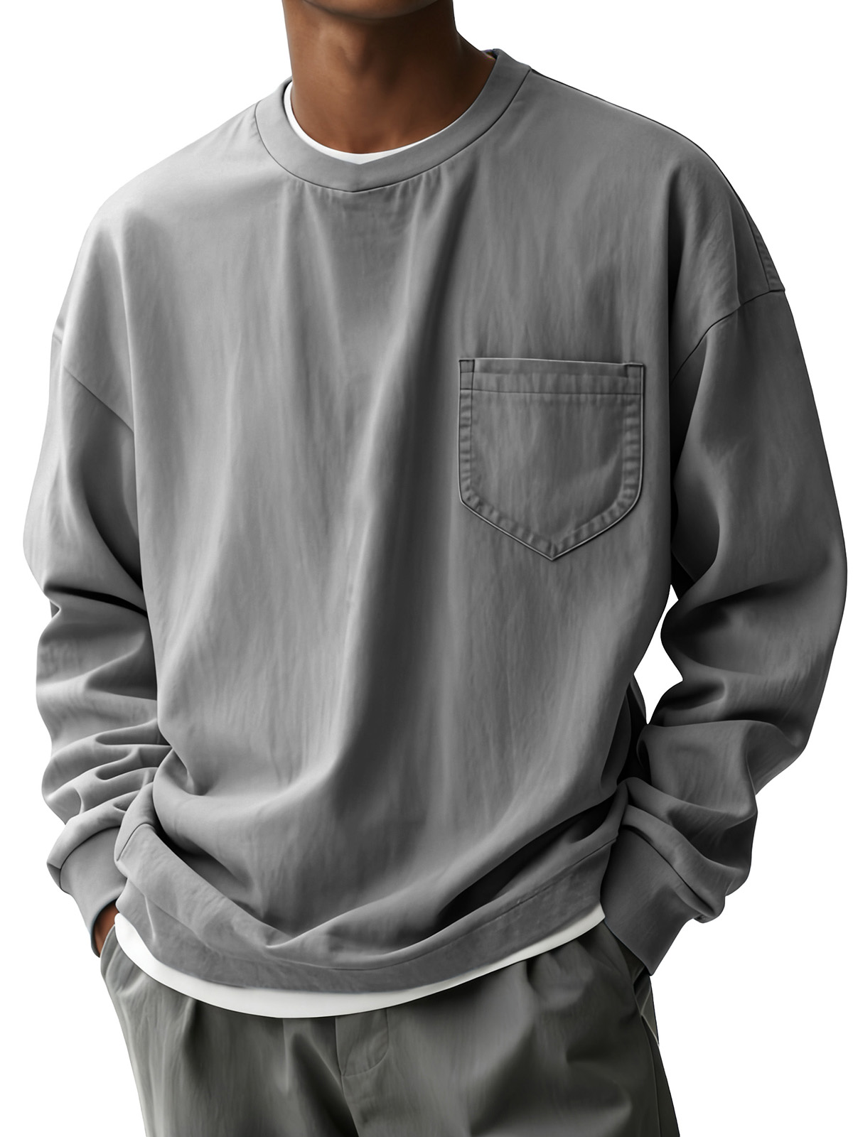 Men's Fashion Casual Pleated Fabric Round-neck Pocket Long-sleeve Top